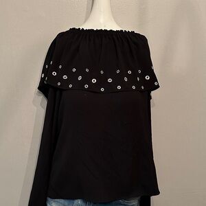 NY Collection Black Off-Shoulder Blouse with Eyelet Details